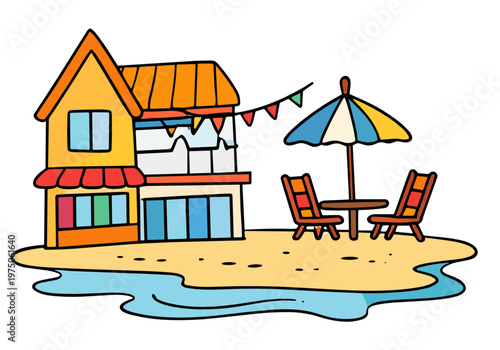 Charming seaside house beside the water with patio chairs, striped umbrella and festive bunting. Coastal rental and summer relaxation concept on transparent background.