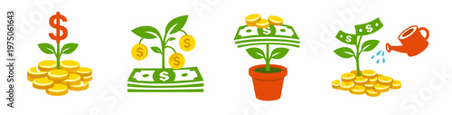 Set of money growth icons with coins, banknotes, plant sprouts and watering can. Flat financial investment concept collection isolated on white for savings and business design.