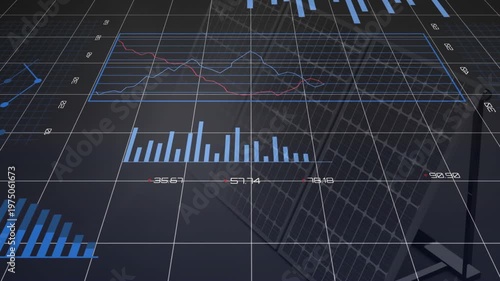 Camera panning upward data hub revealing rotating pies, donut forming labels updating for analytics