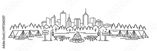 Campfire surrounded by benches and tents in front of city skyline