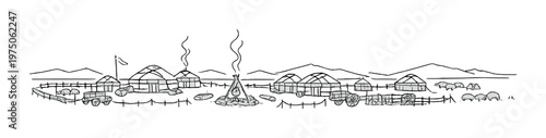 Yurts and nomad camp gathered around central campfire on plain