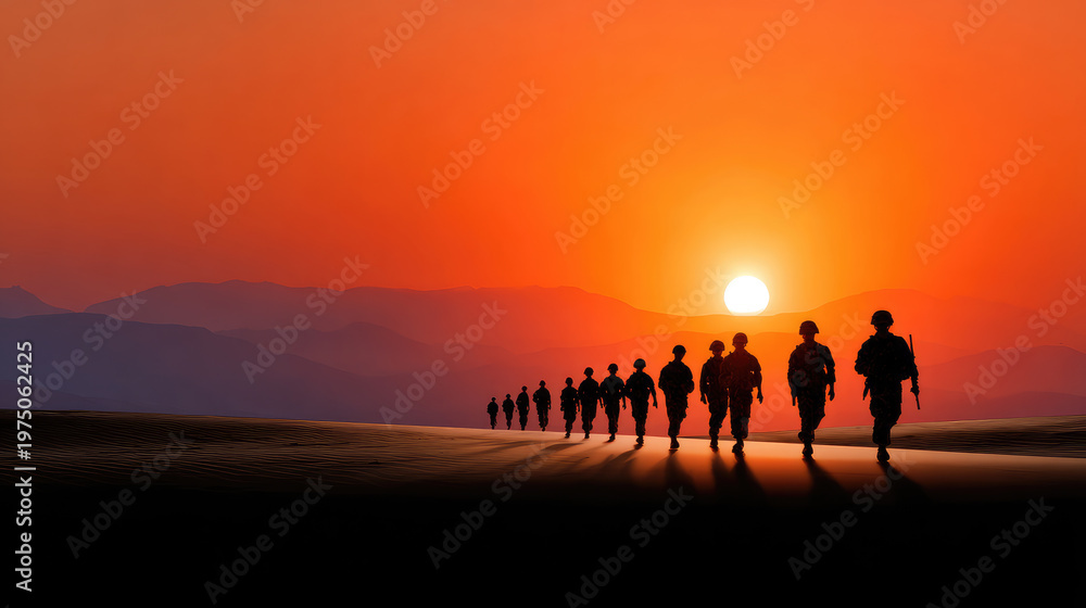 Fototapeta premium Soldiers marching in a desert at sunset, depicting military operations, determination, and the challenging environment of arid lands with a vibrant orange sky