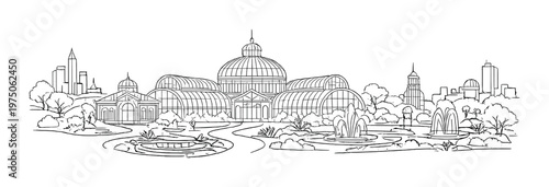 Glass conservatory with domes and fountains in park