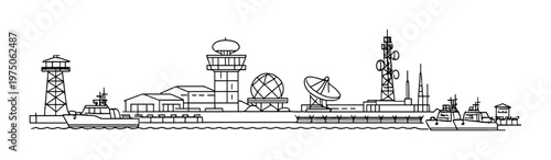 Naval port with patrol boats control tower and radar installations