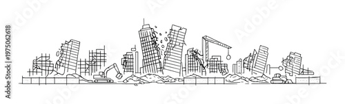 High rise buildings collapsing with excavators and cranes on site