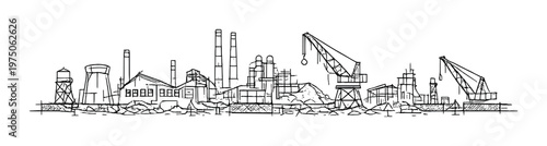 Industrial port with cranes and factory buildings on waterfront