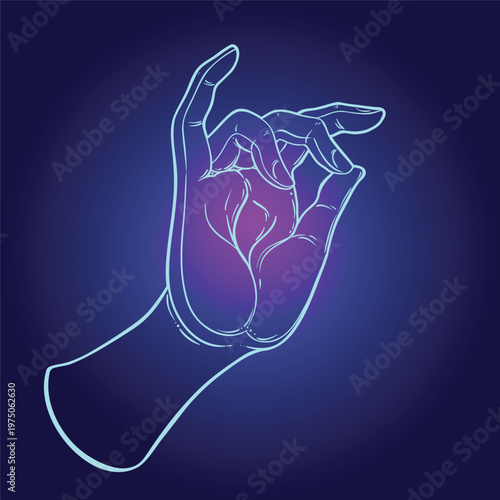 Lord Buddha hand with all-seeingl eye. Psychedelic colors. Hand drawn illustration. Invitation element. Astrology, alchemy, occult and magic symbol. Abstract cosmic background with stars..