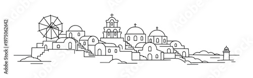 White domed village with windmill on coastal hillside