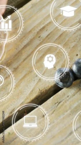 Vertical video: Hand placing blueberry bowl on wood HUD icons floating for food ads camera panning