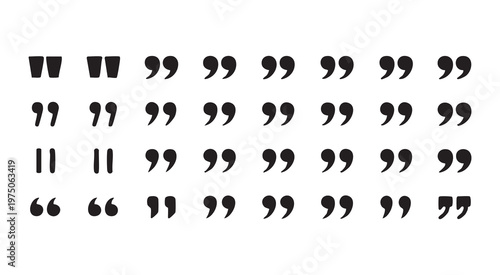 Large collection of black quotation marks and similar punctuation symbols on a white background