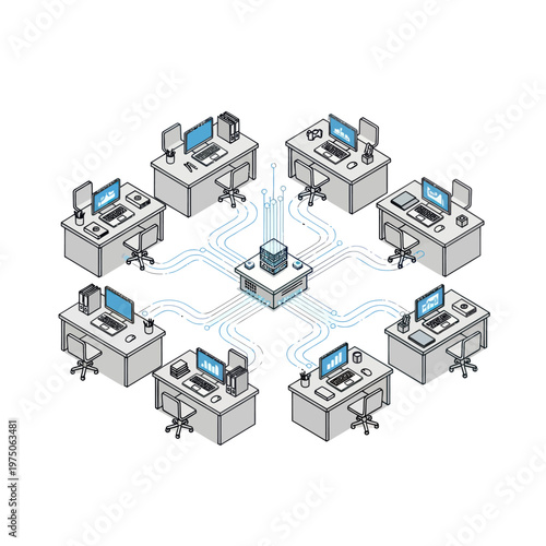 Computer Network Diagram Illustrating Central Server Connection to Workstations.