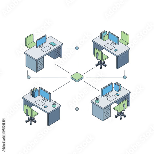 Modern Office Network Setup With Computers And Desks Connected To Central Hub.