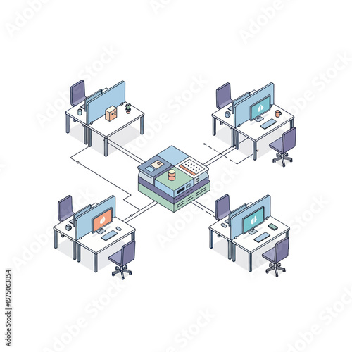Modern Office Network Setup with Computers and Server.
