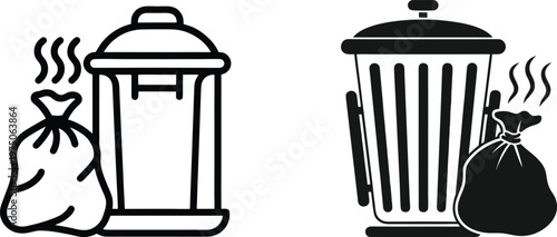 Trash can and smelly garbage bag icons representing waste management disposal sanitation and environmental cleaning services.