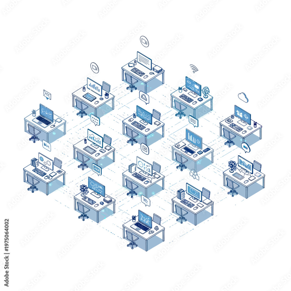 Fototapeta premium Network of Computers and Workstations in a Modern Office Setting.