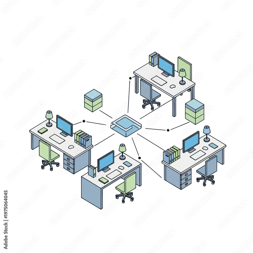 Obraz premium Office Network Setup with Computers and Server.