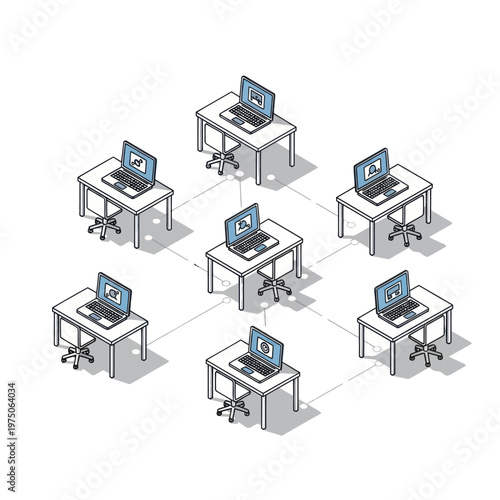 Networked computers on desks in a connected office environment.