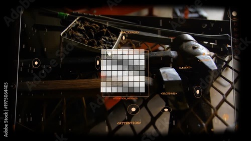 Hand tools on workshop bench receiving HUD scan, grid pulsing, highlighting targets for inspection