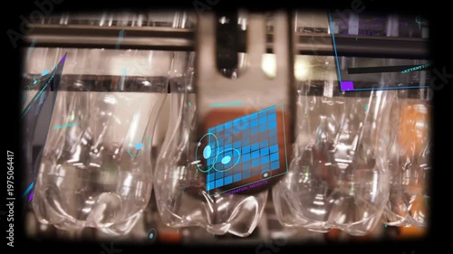 Moving dense row of clear plastic bottles on metal guide rails, with brown nozzle and HUD