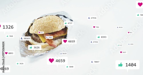 Foil-wrapped burger entering frame, hearts and likes floating, counts growing, showing rising buzz