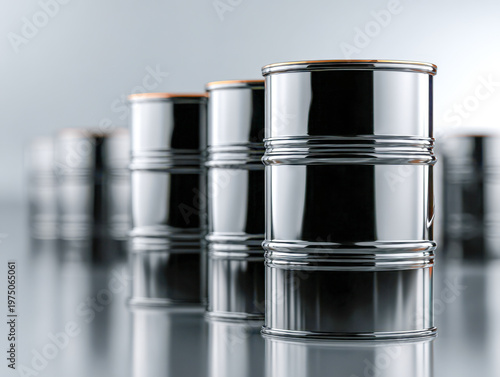 Shiny metallic barrels lined up in a row reflecting light on a smooth surface with a modern industrial background and gradient lighting effect