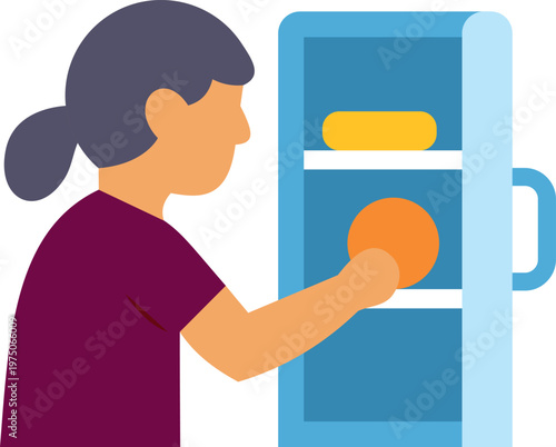 Woman standing and taking an orange from an open refrigerator
