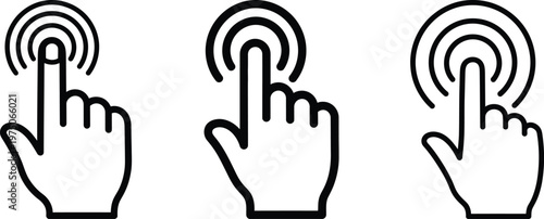 Three black and white illustrations of hands pressing or touching surfaces