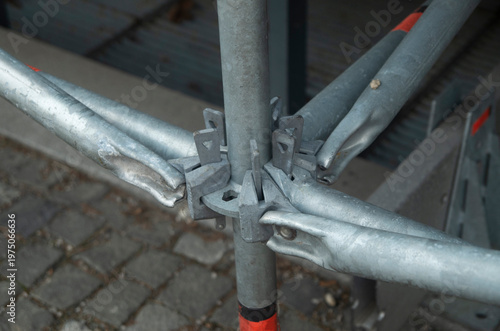 Metal Scaffolding Joint and pipe connector detail Closeup