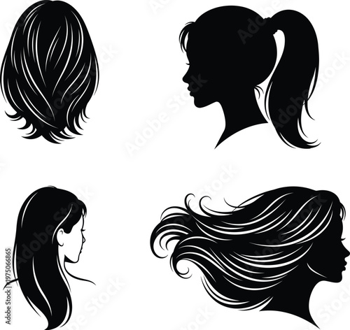 Title four silhouettes of women with diverse hairstyles in black and white description this image showcases four distinct female profile silhouettes each