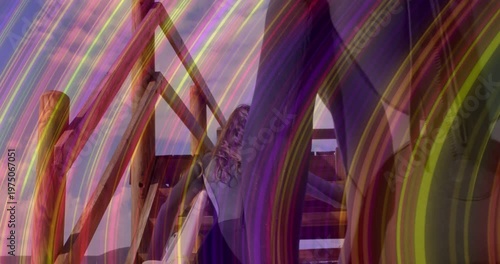 Surfer with board nearing stairs, grabbing rail and climbing to deck while streak obscuring board