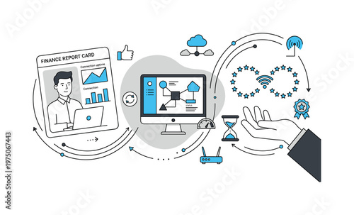 Analyst evaluating network performance and connection uptime with digital data visualization