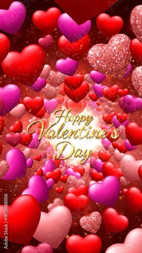 A festive background featuring many floating red and pink hearts with a glowing light effect in the center