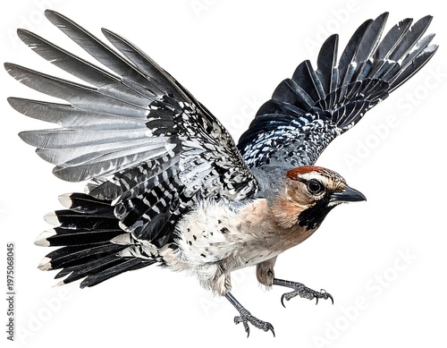 A vibrant bird displays open wings against white, showcasing intricate feather patterns black, white, and blue hues. The beak is sharp