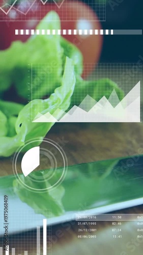 Vertical video: Cam shifting over board zooming lettuce, HUD charts,timers updating for food prep