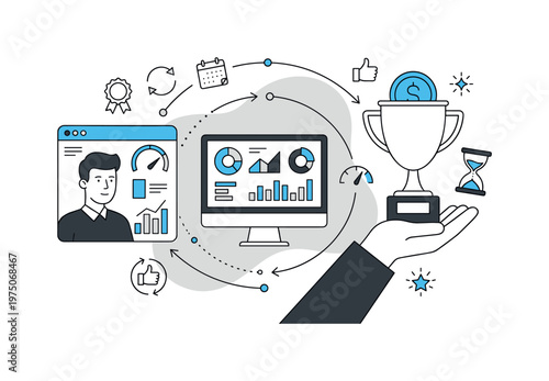 Financial performance tracking and success metrics visualized with charts and trophy