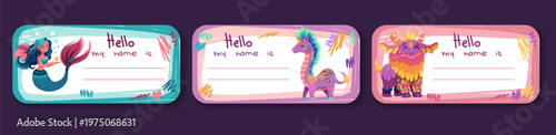 Cute monster frame for school name tags and memo cards. Kawaii cartoon border template perfect for kids stationery, labels, and journal pages with playful design elements. Vector children illustration