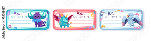 Cute monster frame for school name tags and memo cards. Kawaii cartoon border template perfect for kids stationery, labels, and journal pages with playful design elements. Vector children illustration