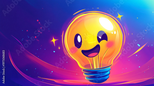 Happy cartoon light bulb character with colorful background  
