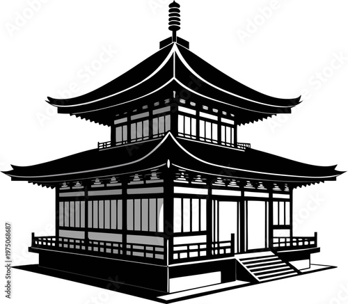 Japanese Shinto Shrine Silhouette with Traditional Architecture Detail