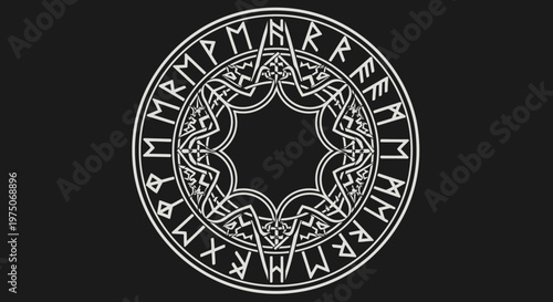 Viking Runic Circle Symbol with Esoteric Nordic Knotwork Design. Mystical Geometric Pattern on Dark Background.