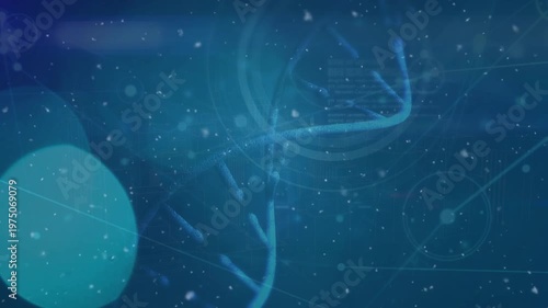 Animation of network of connections with data processing and dna over snow falling and glowing spots
