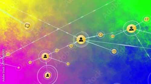 Animation of network of connections with people icons over colour smoke background