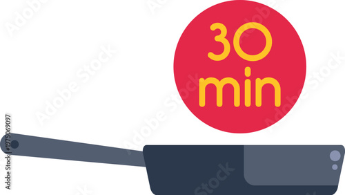 Frying pan and 30 minutes cooking time icon representing food preparation