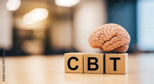Brain model atop wooden blocks spelling CBT, symbolizing cognitive behavioral therapy