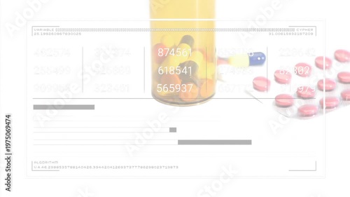 After one second, yellow pill bottle showing floating UI, updating stats, animating bars for data