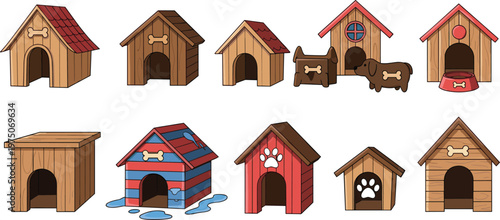 Dog House Set with Various Designs and Styles for Pet, Animal, and Home Decor Projects