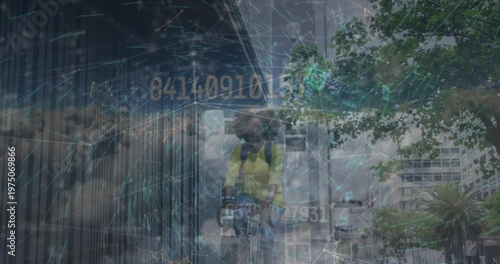 Animation of network of connections over african american woman on bike and clouds