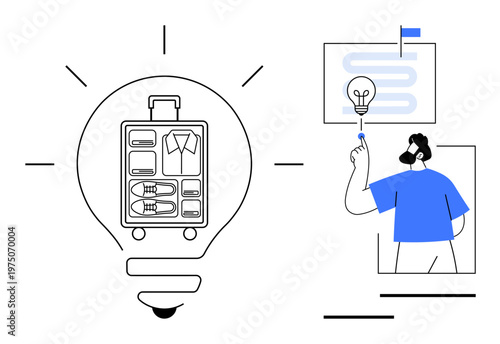 Travel planning, organization, creative strategy, itinerary design, problem solving, innovation, packing tips. Light bulb with suitcase and person with infographic. Travel planning and organization