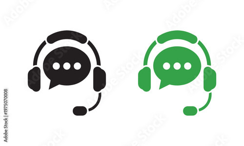 Customer support headset icon set with chat bubble in black and green styles