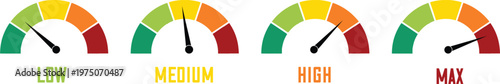 Speedometer gauge indicators showing different levels low medium high maximum levels vector illustration.